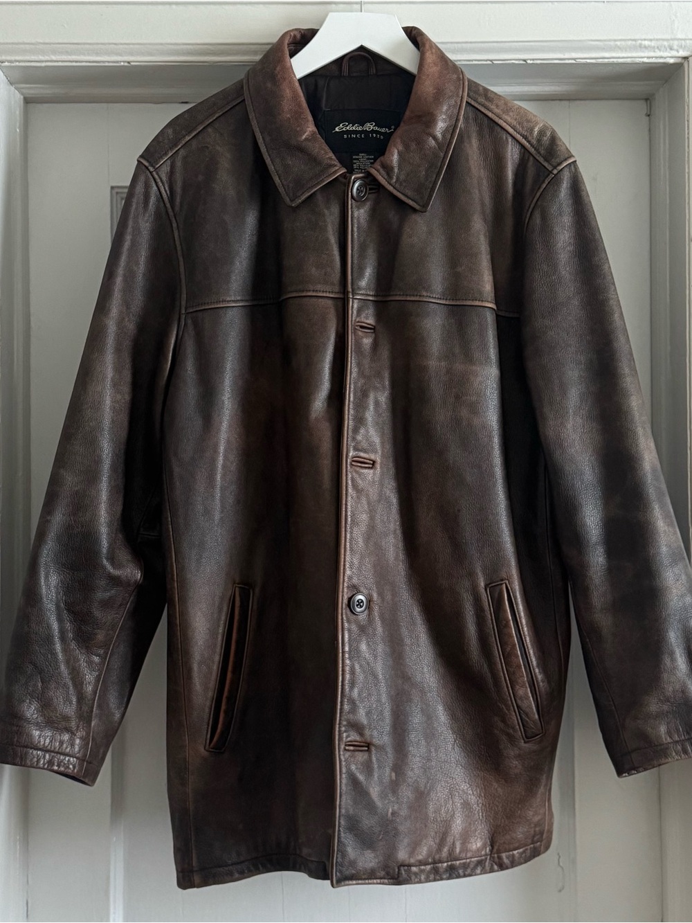 Eddie Bauer Men's Brown Leather Button-Front Coat